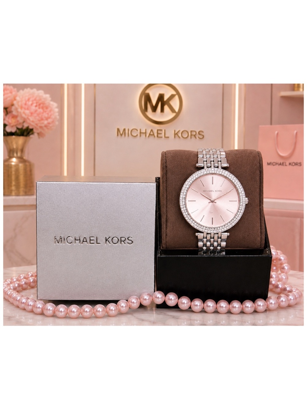 Michael Kors Darci MK3218 Rose Gold Crystal Pave Bezel Bracelet Watch.